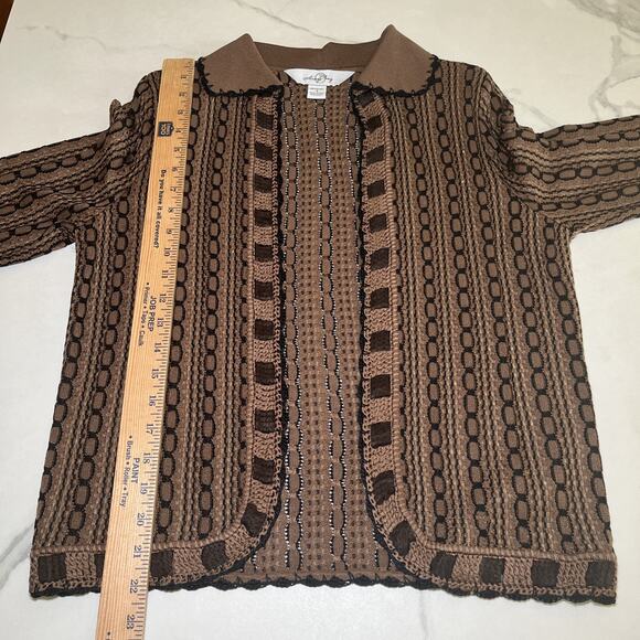 Ming Wang Sweater Cardigan Brown Black Open Front Metallic Thread Sz S Career - Picture 6 of 12